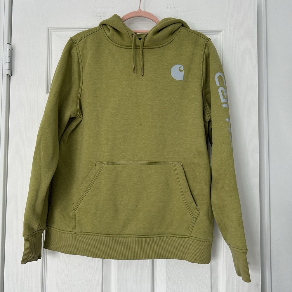 Carhartt Relaxed Fit Logo Sleeve Graphic Sweatshirt Womans Hoodie Sz Medium Read